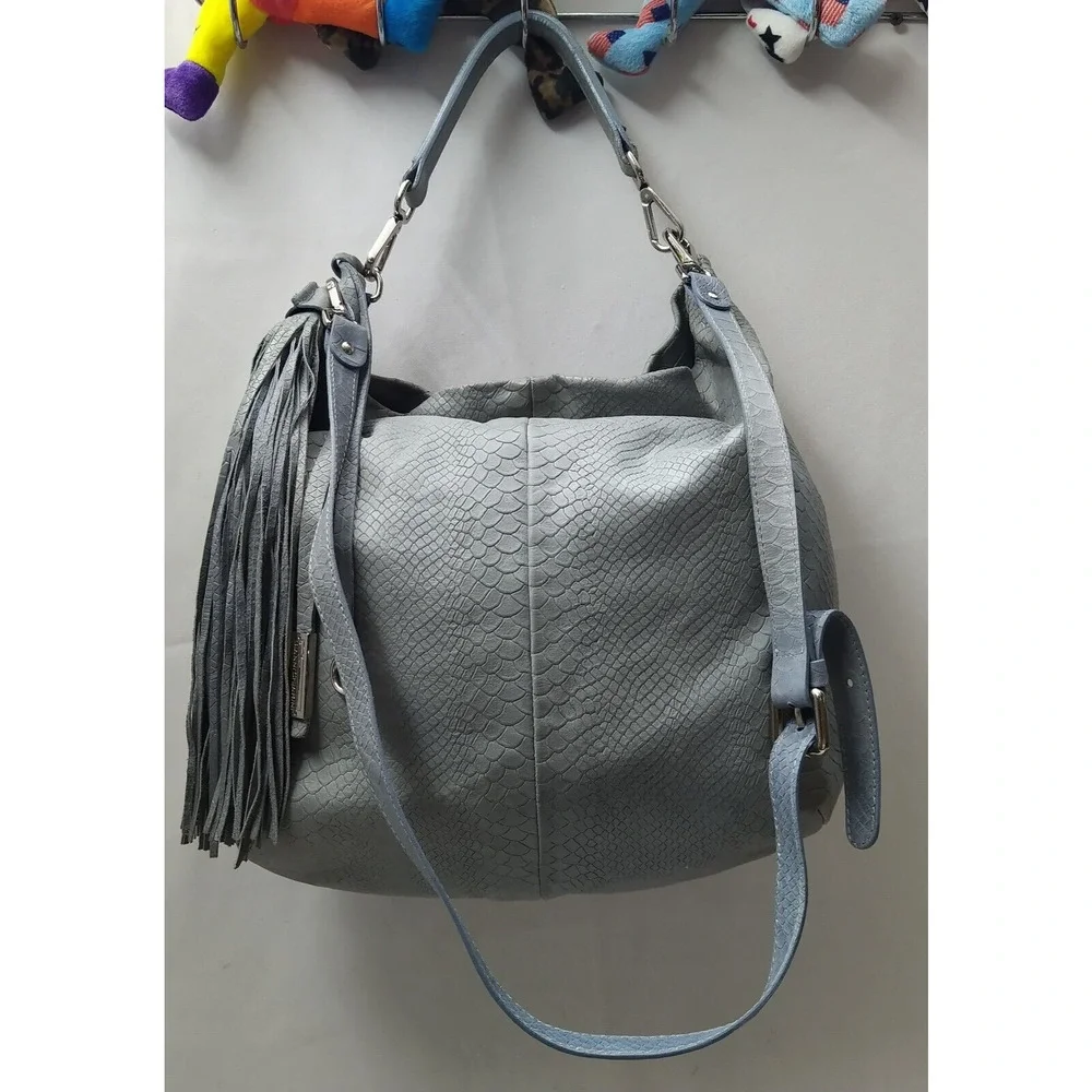 Gianni Chiarini Light Blue Leather Snakeskin Embossed Tassel Hobo Shoulder Bag